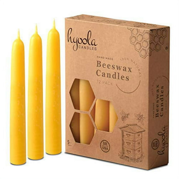 Hyoola 5 inch Handmade All Natural Beeswax Taper Candles - 5 Hours Yellow Unscented 12 Pack