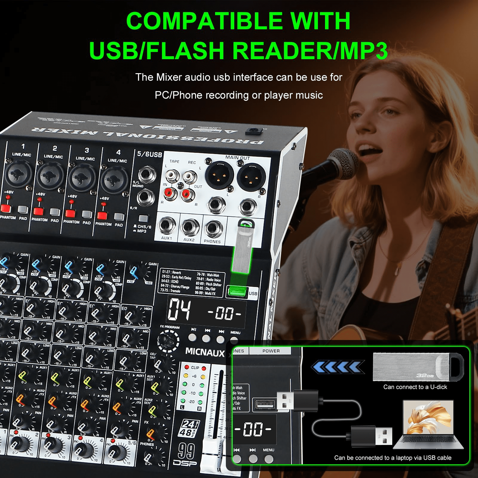 Audio Mixer 6 Channel Professional Sound Mixer Console with 99 DSP Effects, Mixing Board DJ Mixer w/USB, Bluetooth, 48V Power Supply, PAD Button for Recording Karaoke PA Drum Live Music