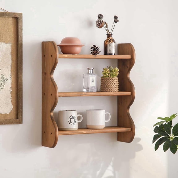 100% Solid Wood 3-Tier Floating Wall Shelves, Rustic Farmhouse Storage Rack for Living Room, Bedroom