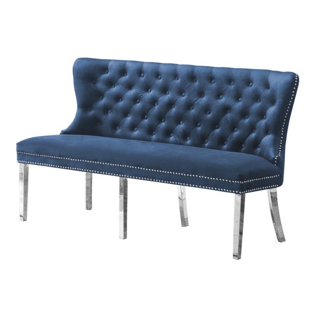 Navy Blue Velvet Bench with Tufted Seat and Silver Stainless Steel Legs
