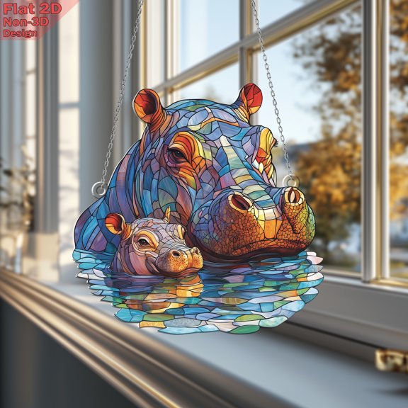 Hippo Family Stained Glass Effect Acrylic Window Hanging – Adorable River Sun Catcher – Unique Home & Garden Decor – Perfect Gift for Hippo Lovers & Wildlife Enthusiasts