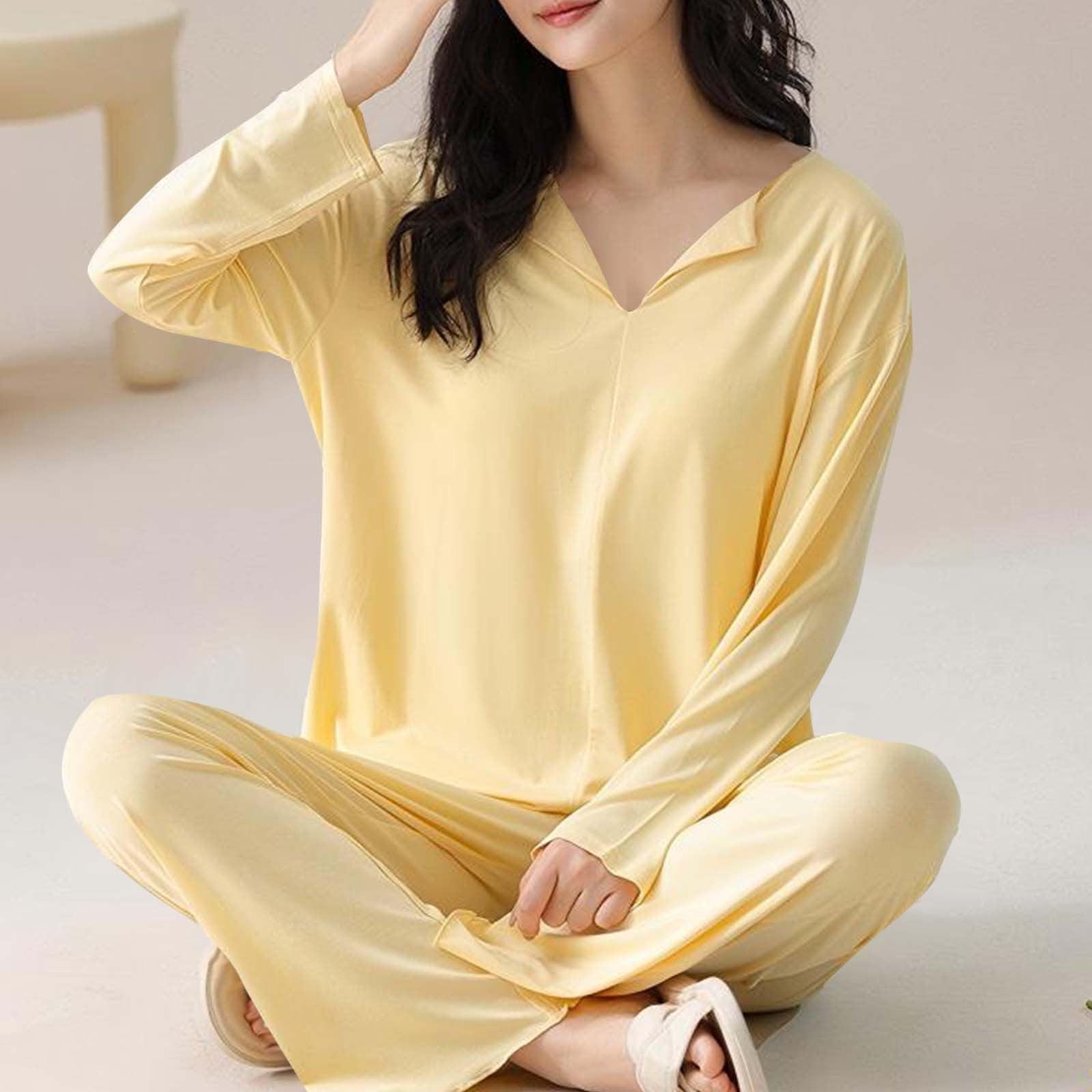 Oalirro Pajamas for Women Set 2 Piece Solid Color Soft Long Sleeve Pjs Pullover Top with Pants Breathable Loungewear Home Pajama Sets