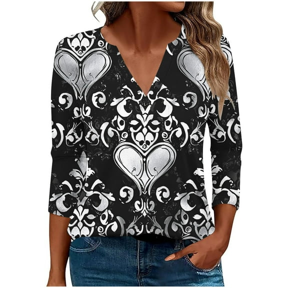 qucoqpe Women's Summer Blouses Fashion Casual Loose Bohemian Printed V Neck 3/4 Sleeve Shirts Tops