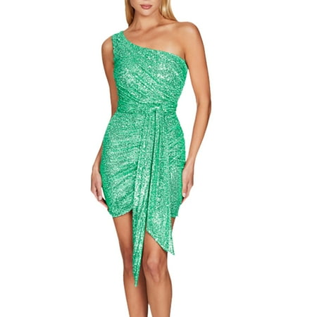 RYKJLWY Sun Dresses for Women 2024 Women s One Shoulder Pleated Streamer Bag Hip Dress Pure Wind Sequin Halter Dress Summer Women Summer Dresses for Women 2024 Vacation (Green2 L)