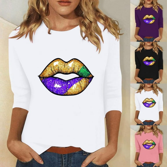 Jinhomg Funny Mardi Gras Shirt for Women 2025 Fancy Carnival Themed Lips Graphic Tops Plus Size 3/4 Sleeve Parade Pullover Ladies Holiday Party Tees Black L