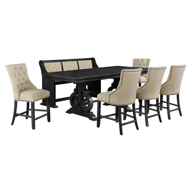 Counterheight Dark Gray Wood Dining Set with Beige Linen Chairs + Bench