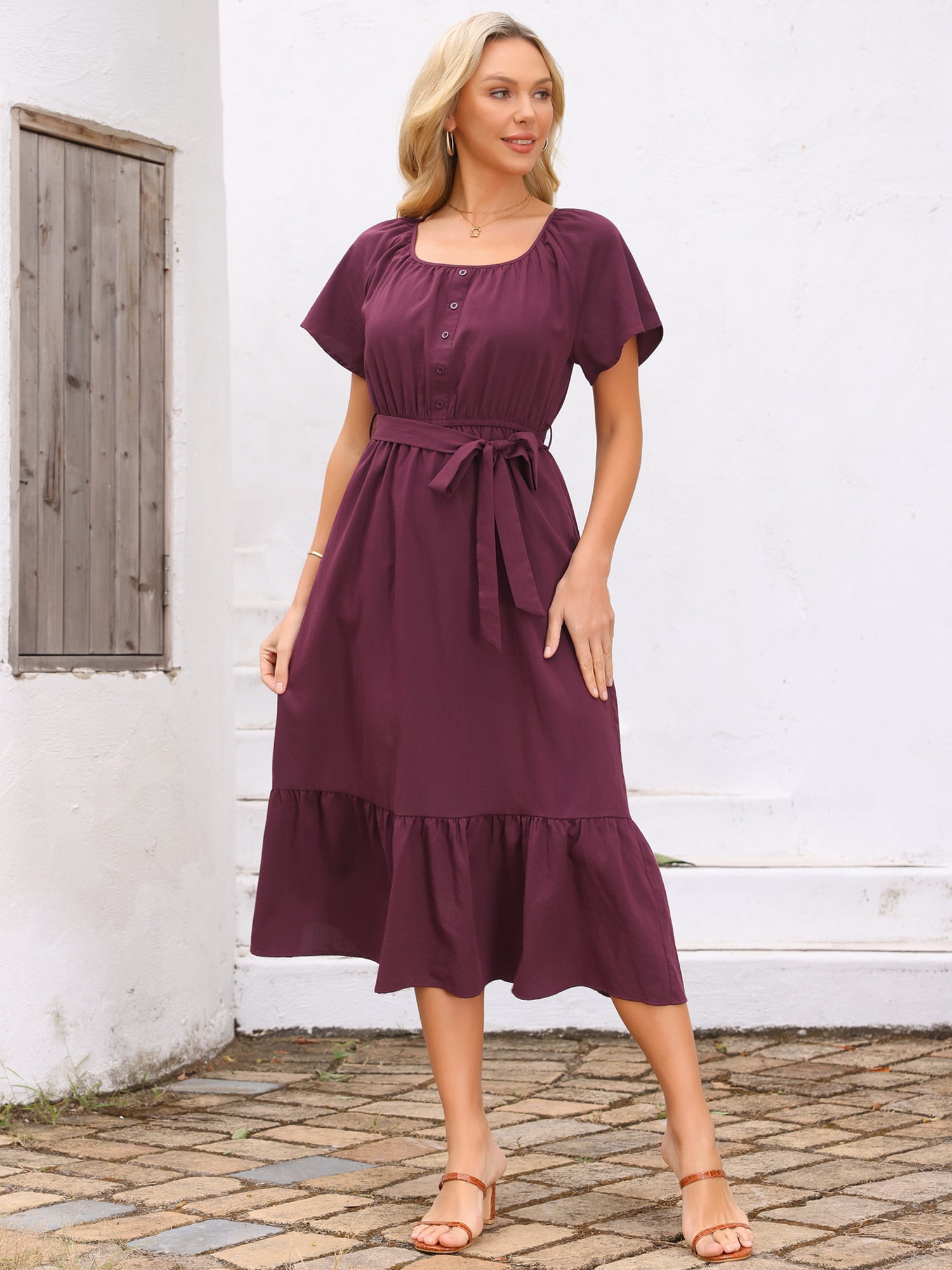 DARING DIVA Women's Flutter Short Sleeve Maxi Dress with Tie Waist XL Wine Red
