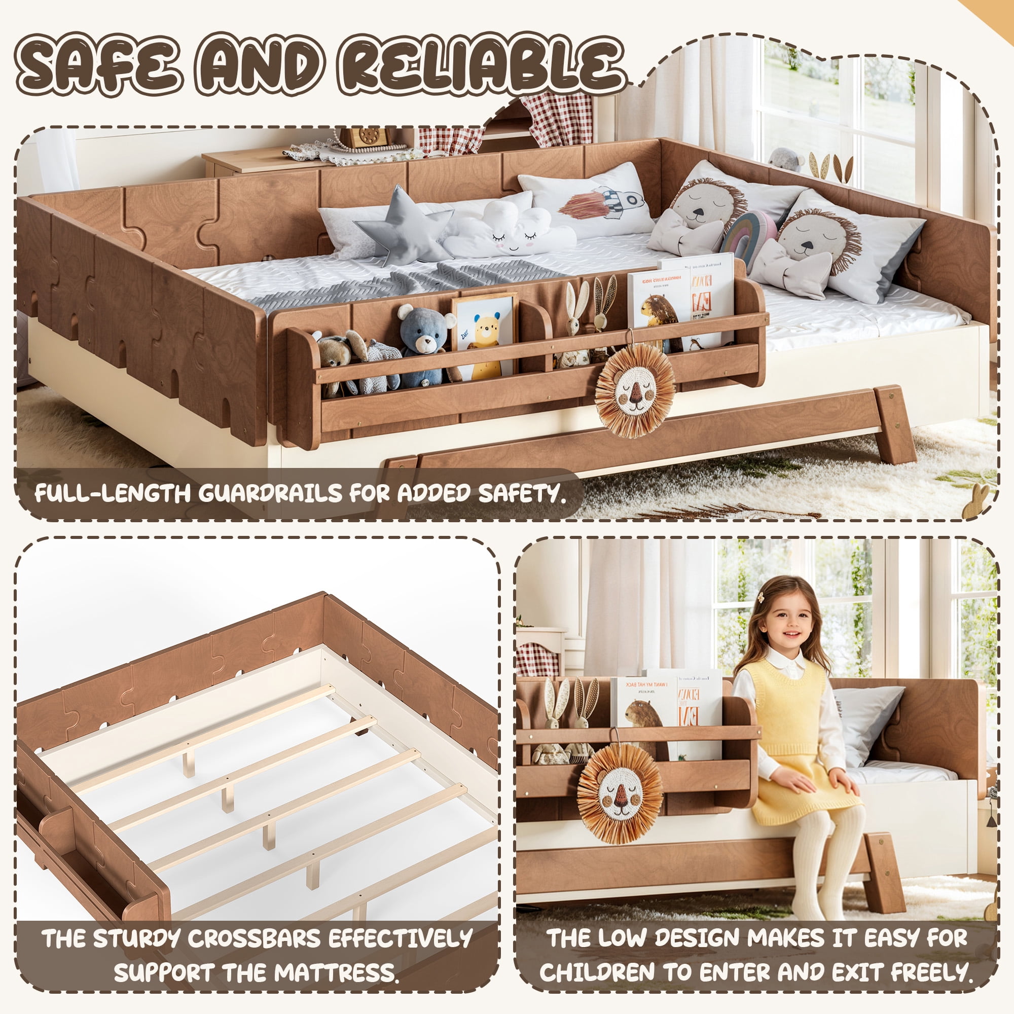 Mintazer Full Size Montessori Floor Bed Frame, Kids Puzzle Block Design Platform Bed with Guardrails & Bookshelf for Bedroom, Brown & Beige