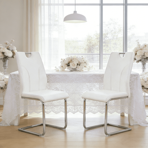 StnTalk White Dining Chairs Set of 2, Modern Faux Leather Kitchen Chairs with Curved High Back, Built-in Handle, Armless Dining Room Chairs with Silver Metal Legs