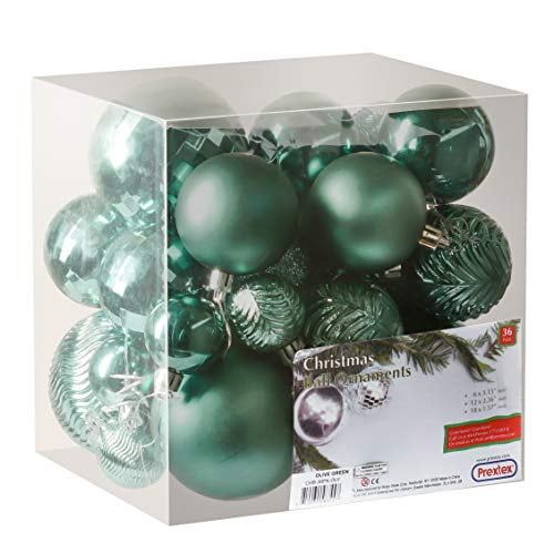 Prextex Green Christmas Ball Ornaments for Christmas Decorations 36 Pieces Xmas Tree Shatterproof Ornaments with Hanging Loop for Holiday and Party Decoration Combo of 6 Styles in 3 Sizes