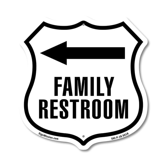 Family Restroom Left 12 inch X 12 inch Shield-Shaped Rust-Free Aluminum Metal Sign Weather Resistant Made in the USA