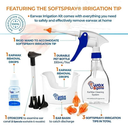WaxBgone Earwax Removal Kit - Fast, Gentle, and Effective Ear Wax Removal Kit – Dissolve and Remove Earwax at Home - Includes Earwax Softening Drops, 3 SoftSpray Reusable Irrigation Tips, Otoscope