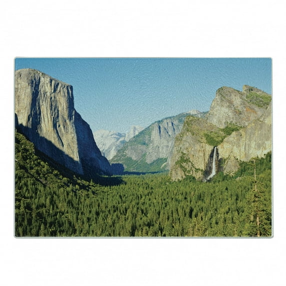 Yosemite Cutting Board, El Capitan Half Dome and Bridalveil Falls Tourist Attraction Landscape Image Print, Decorative Tempered Glass Cutting and Serving Board, Small Size, Green Blue, by Ambesonne