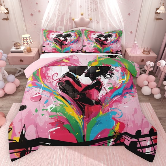 Feelyou Romantic Couple Full Size Comforter Sets, Watercolor Love Heart Bedding Comforter Set, Anniversary Valentines Day Reversible Bedding Sets, Ultra Soft Bedroom Decor, 3pcs