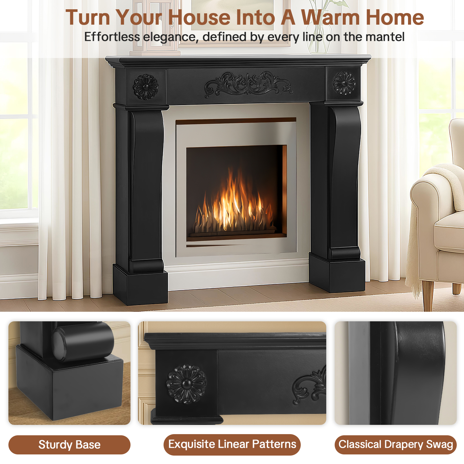OUINCH 44.5" Fireplace Mantel, Freestanding Fireplace Surround with Leg for Electric Fireplaces, MDF Mantel Surround with Shelf for Living Room with Decorative Pattern, Anti-Tipping & Waterproof