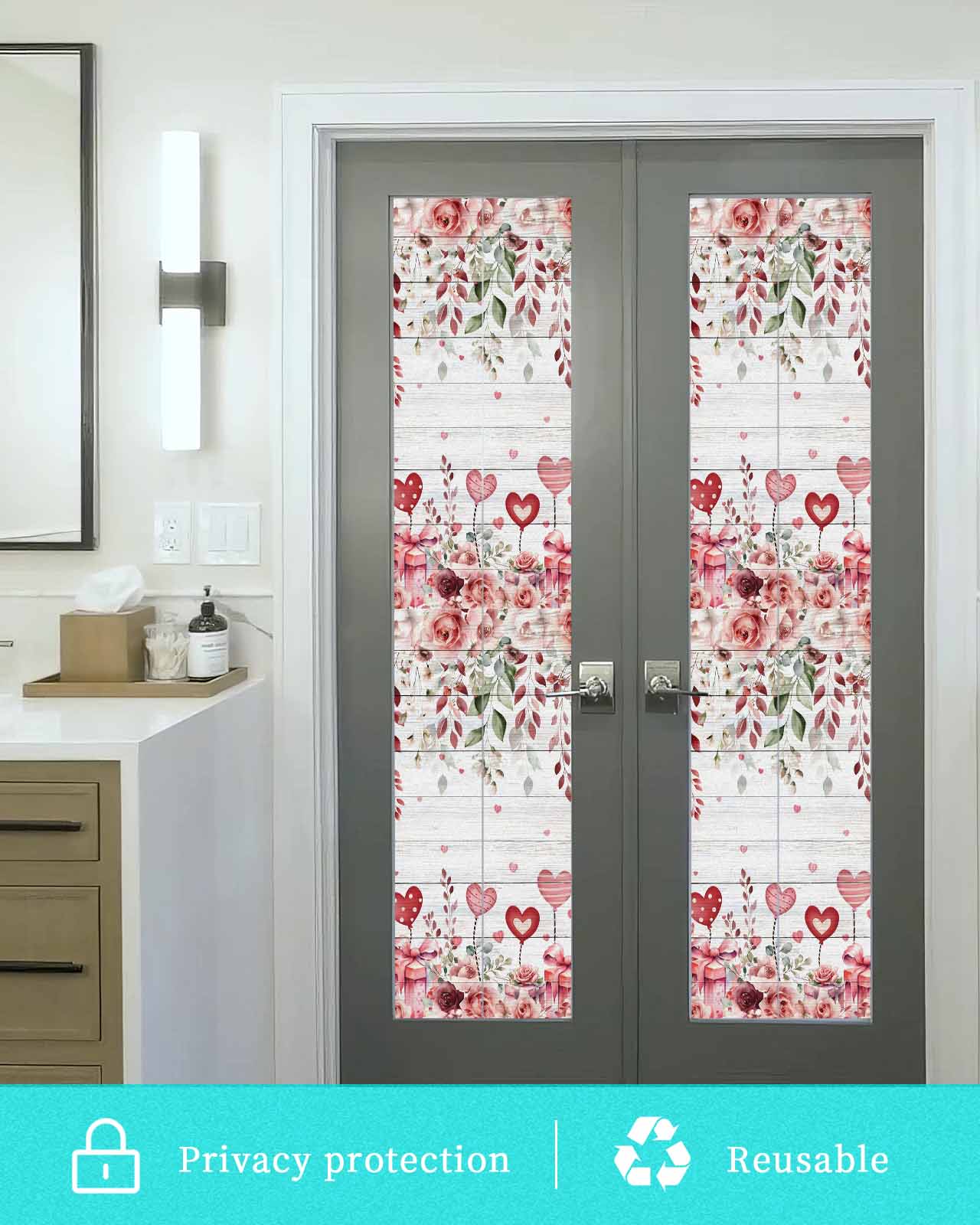 Pink Valentine's Day Window Privacy Film Stained Glass Window Film Decorative Windows Cover Static Windows Cling for Glass Door Spring Floral Wooden Love Heart Stickers for Bathroom 23.6"x78.7"