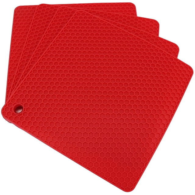 Alfombrilla de silicona para ollas calientes para encimera, manteles individuales resistentes al calor, tamaño: 7,5 x 7,10 pulgadas, cuadrado, 4 unidades, color rojo Sincero Hogar