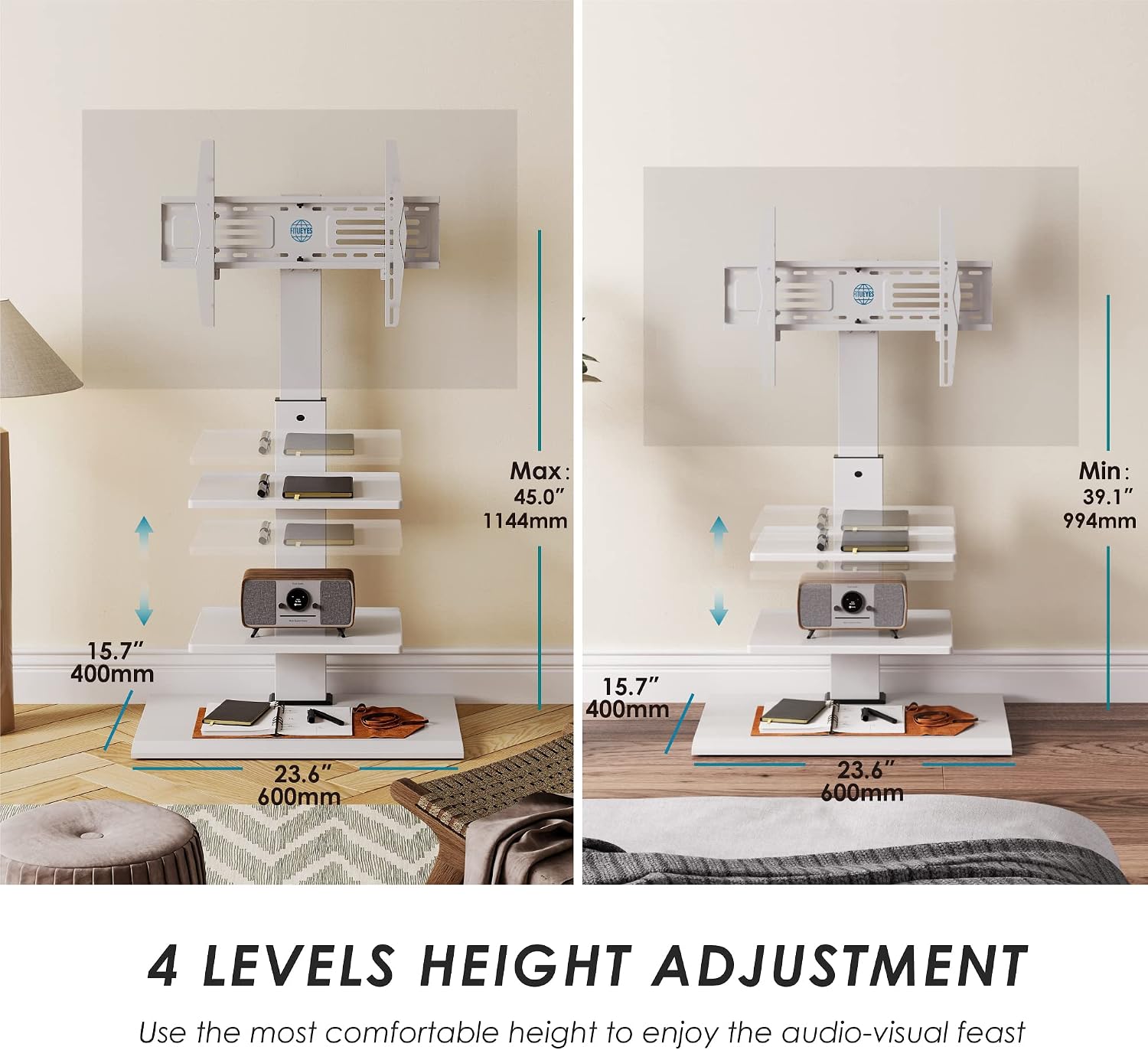 FITUEYES Corner TV Stand for 32–75 Inch TVs, White, Swivel & Tilt, Height Adjustable, Iron Base