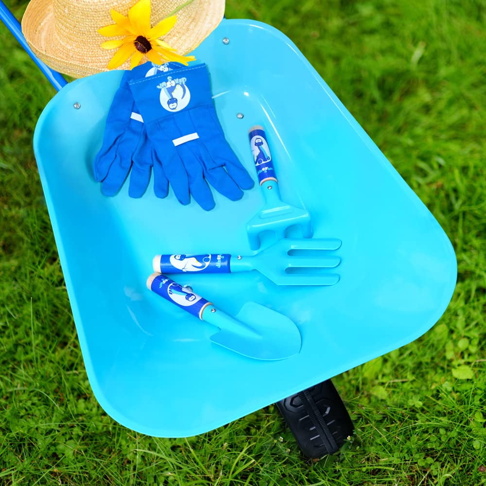 Colwelt Kids Wheelbarrow Set Metal 5 PCS,  Blue Small Child wheelbarrow, Gardening Tools for Kids， Outdoor Indoor Garden Backyard Toy Gift for Children 3+Years Old