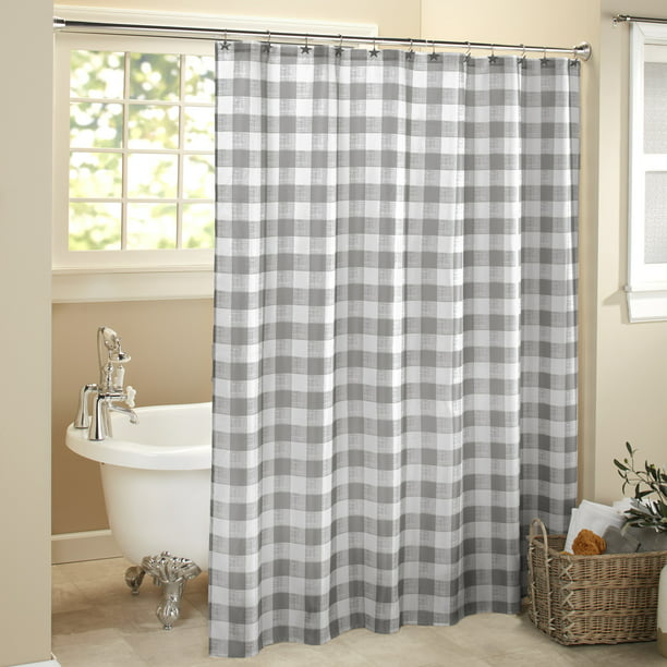 The Lakeside Collection White Checked, Grey And Beige Fabric Shower Curtain
