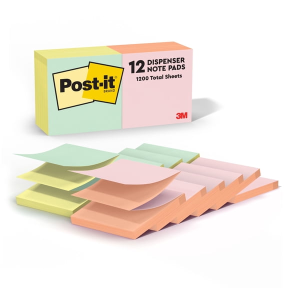 Post-it Dispenser Pop-up Notes, 3 in x 3 in, Alternating Pastel Colors, 12 Pads