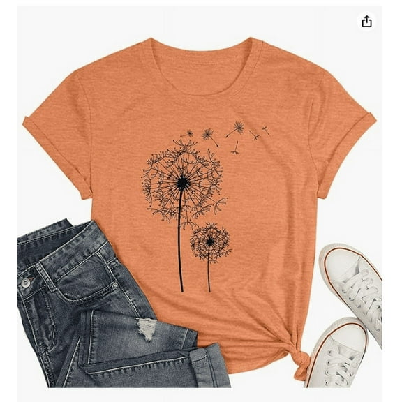 Summer Tops for Women Fashion Casual Dandelion Print Short Sleeve T Shirt Top Short Sleeve Shirt Junior Womens Fitted Long Shirts Womens Lace Tops Blouses Summer Top Teen Loose V Orange S