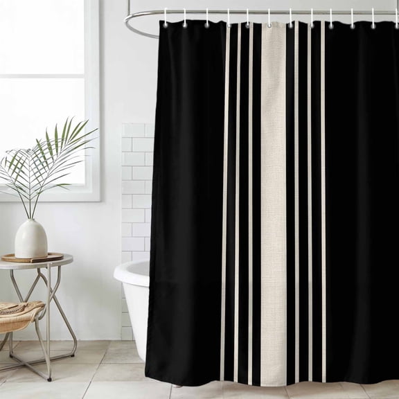 Black Beige Striped Waterproof Fabric Shower Curtain,Modern Farmhouse Retro Lines Waterproof Fabric Shower Curtain for Bathroom Curtains Bathtubs Hotel Shower Curtains with 12 Hooks Small 36x78in