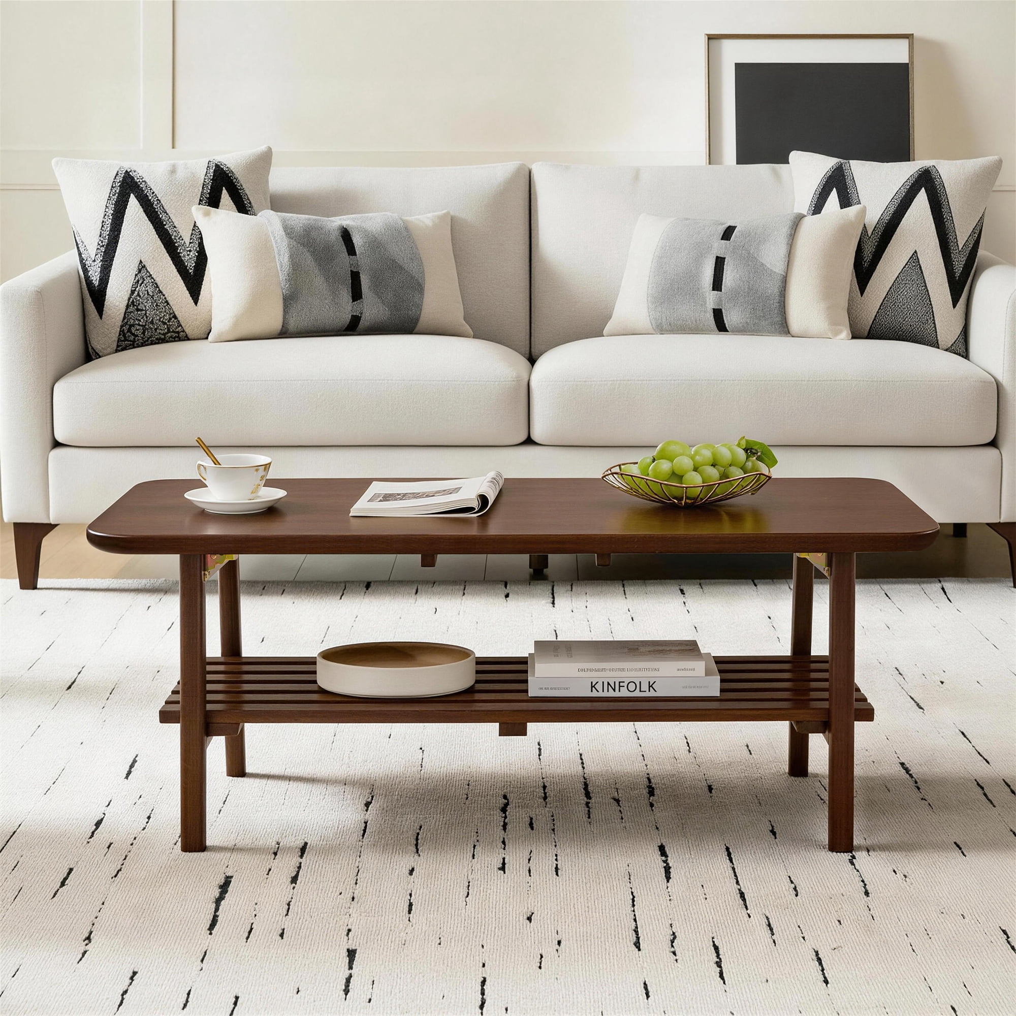 Wooden Coffee Table with Storage Shelf, Rectangular Center Table for Living Room, Walnut Brown