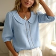 thumbnail image 5 of GERsome Short Sleeve T-Shirts for Women Button Down Summer Comfy Cotton Linen Summer Collared Tops,Light Blue,Size L, 5 of 9