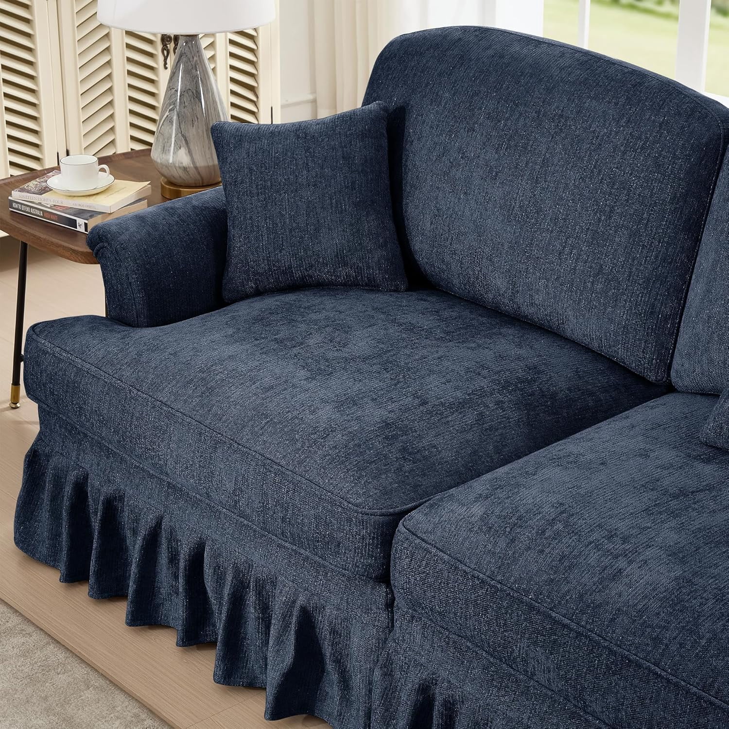 Mid Century Chenille Sectional Sofa, U Shape 3 Seat Couch with Flared Arms, Removable Ruffles Pleats Skirts, Deep Seat Sofa for Living Room, Blue