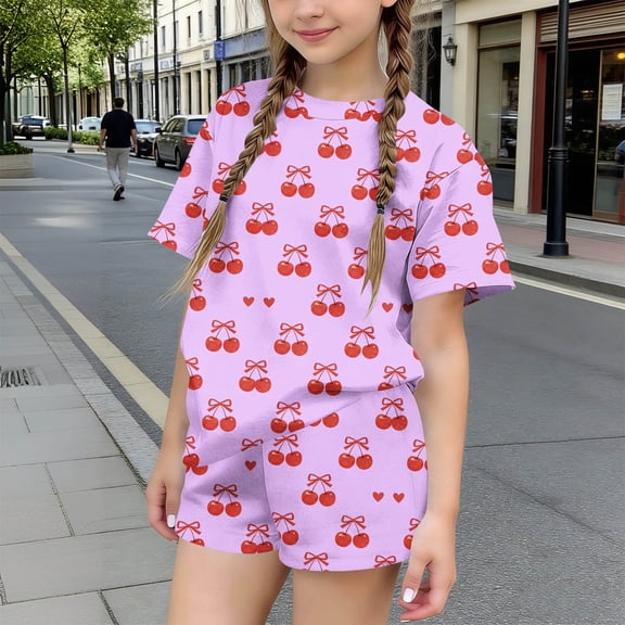 Mifsaly Kids Girls 2 Piece Cotton Matching Outfits Short Sleeve Cute Printed Tops and Shorts Skin-Friendly Breathable Casual Summer Clothes