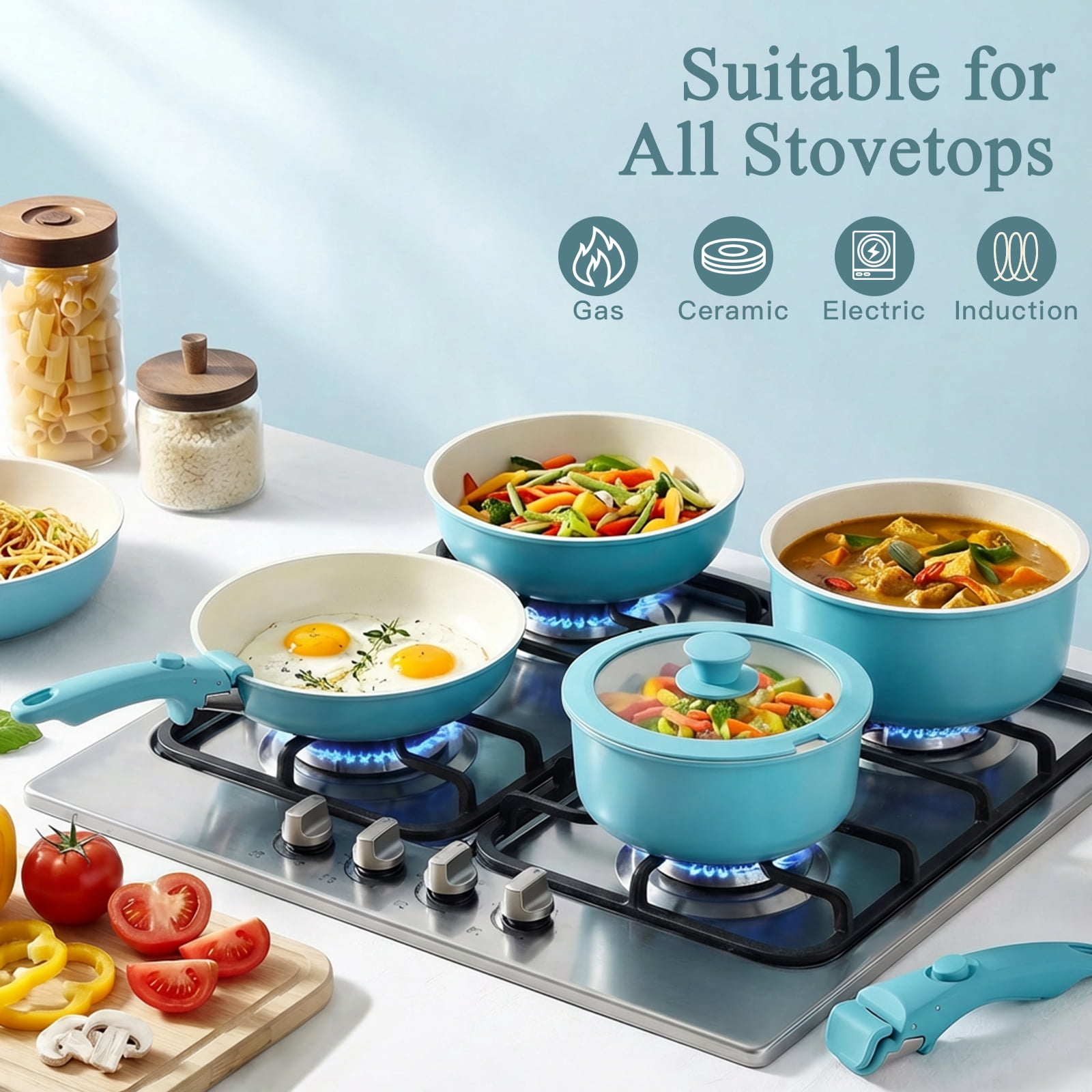 Gipp 5pcs Pots and Pans Set Non Stick,Ceramic Cookware Sets with Removable Handle, Oven & Dishwasher Safe,Induction Cookware,Kitchen Cooking set,Blue
