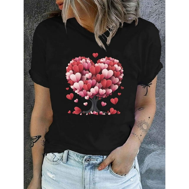 T-shirt Graphique Cœur Arbre de la Saint-Valentin pour Femmes - Col Rond Décontracté Manches Courtes, Extensible, Parfait pour le Printemps & l'Été, Tenue de la Saint-Valentin pour Adultes, Hommes, Femmes Tee-Shirt de Sport Décontracté
