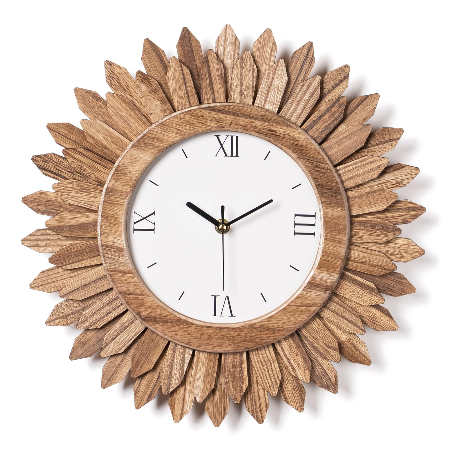 14 In Rustic Wood Boho Sunburst Decorative Wall Clock Silent Non Ticking Farmhouse Small Wall Clocks for Living Room Kitchen Bedroom Decor (Rustic Brown)