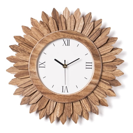 14 In Rustic Wood Boho Sunburst Decorative Wall Clock Silent Non Ticking Farmhouse Small Wall Clocks for Living Room Kitchen Bedroom Decor (Rustic Brown)