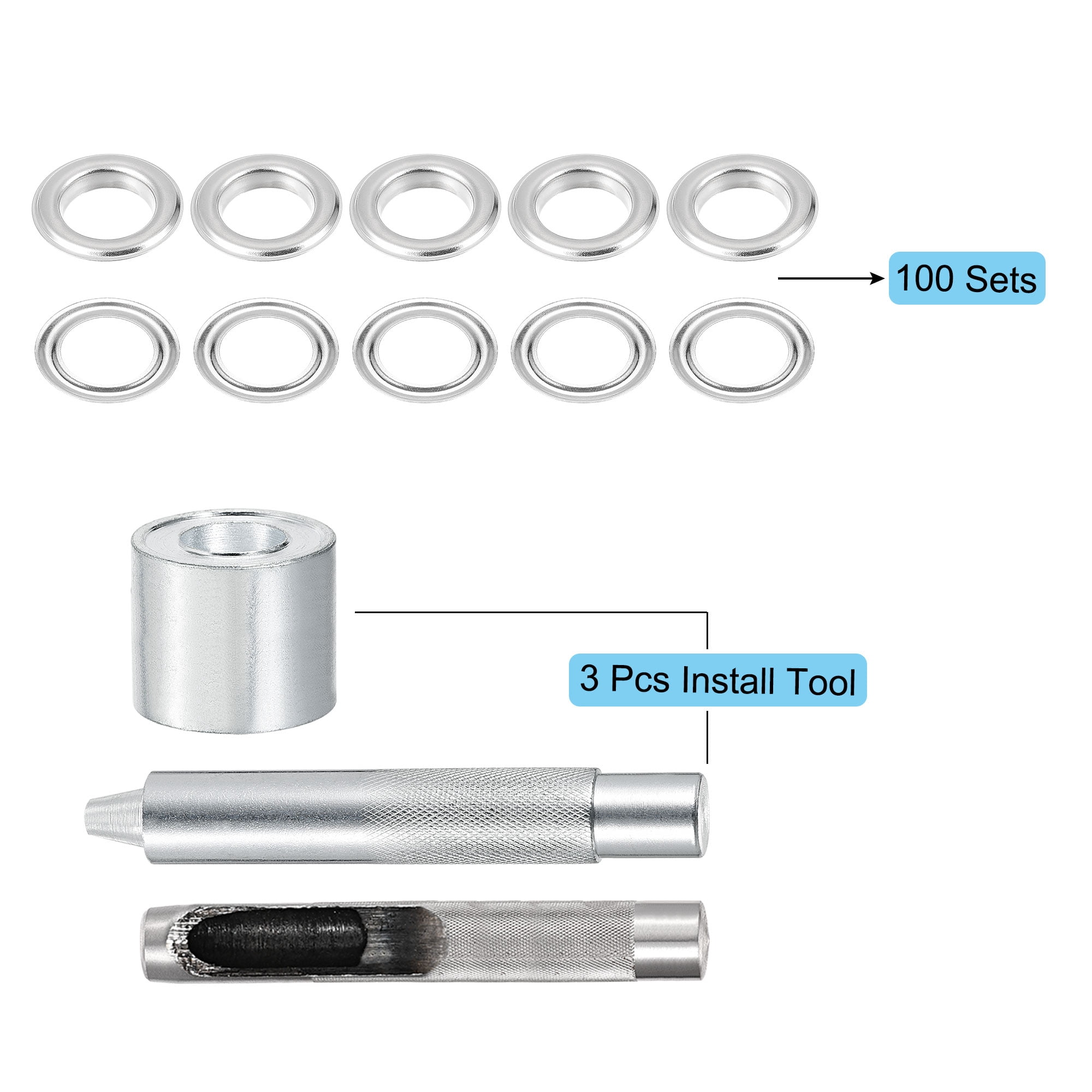 Grommet Tool Kit 100 Sets 3/8" Copper Grommets Eyelets with 3pcs Install Tools, 10mm Inside Dia. Silver Tone