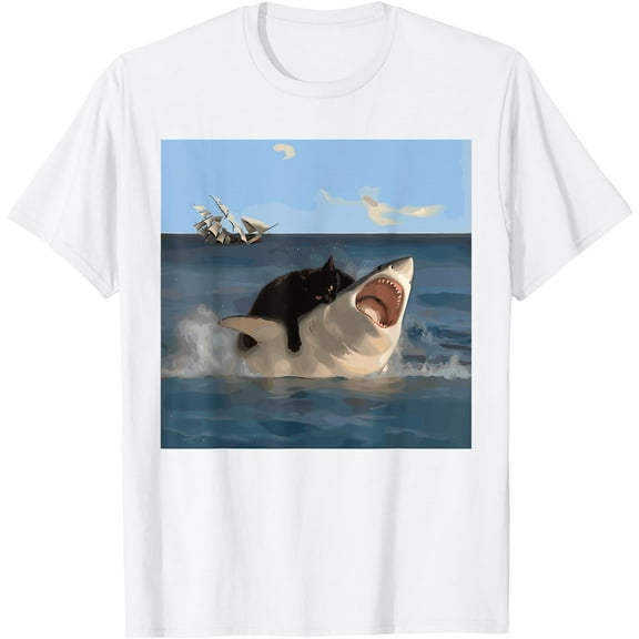 Cat Biting Shark Humorous Playful Funny Cat and Shark Unisex T-Shirt for Men Women Kids Toddler