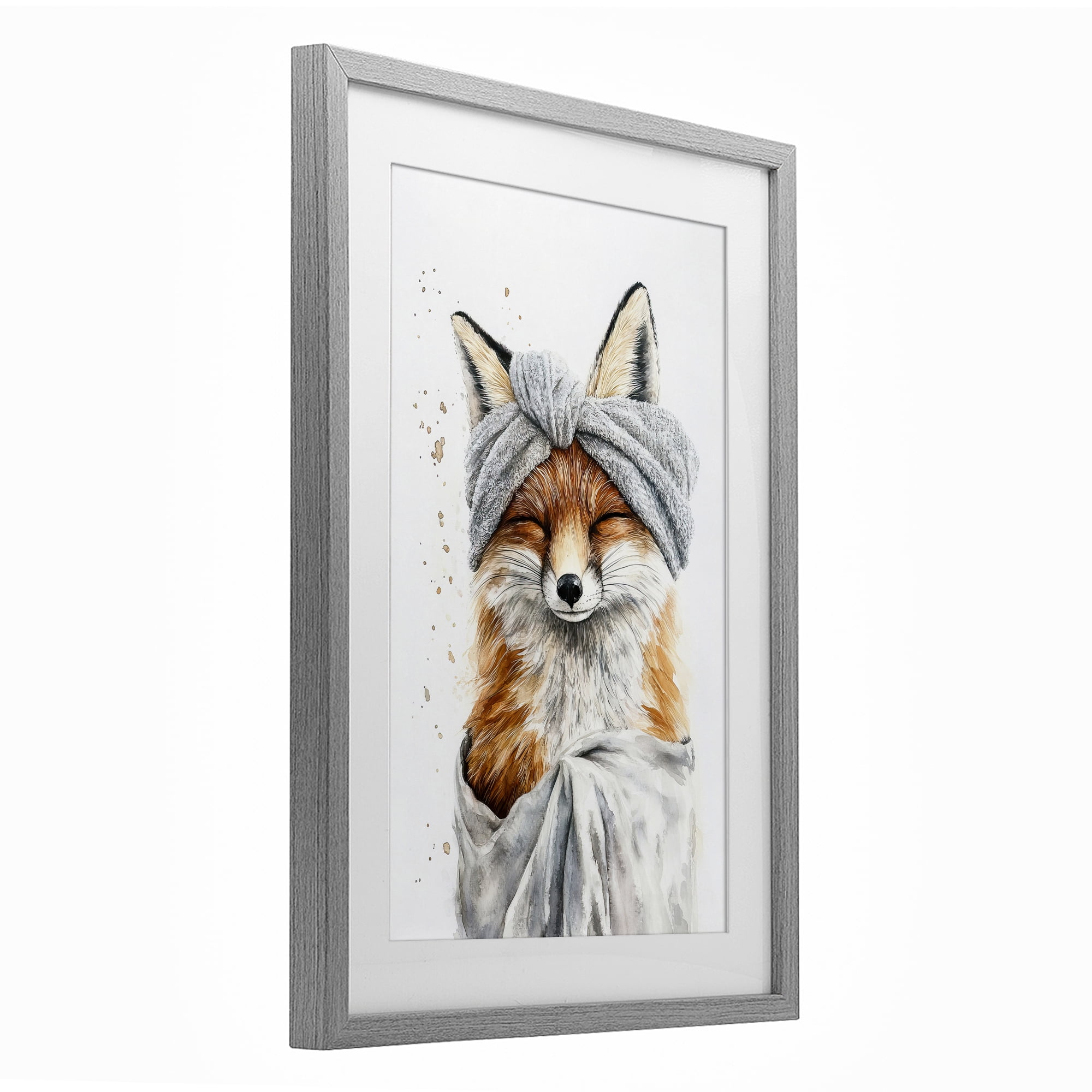 Stupell Industries Bathroom Fox Wrapped in Towel Gray Framed Print Under Glass, design by Tina LeCour