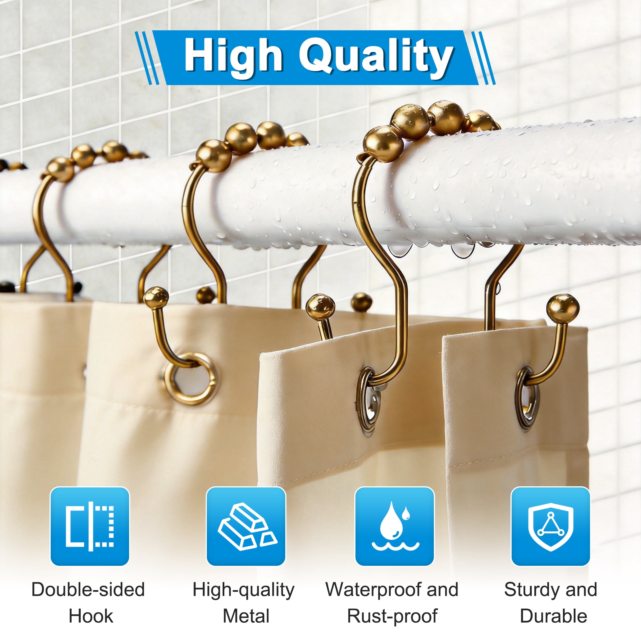 Shower Curtain Hooks, Rustproof Metal Double Sided Shower Curtain Rings with Beaded Rollers, No Drill Shower Hooks for Bathroom Curtain Rods, Set of 12