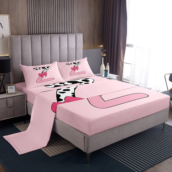 Erosebridal Letter Initial Z Sheet Set Twin,Kawaii Bow Bedding Sets Twin Size,Microfiber Bed Sheets Twin,Cow Print Decor,3pcs