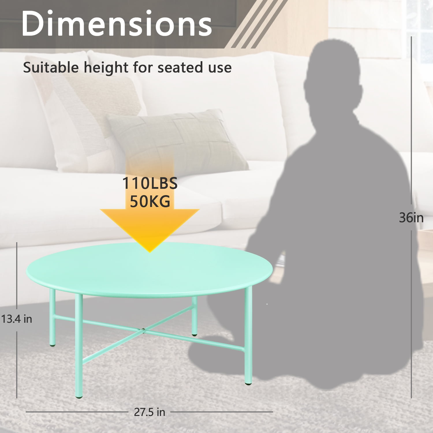 CERBIOR Patio Round Steel Coffee Table, Weather Resistant Anti-Rust and Waterproof Indoor and Outdoor Large Side Table, for Garden Living Room Bedroom Balcony (Mint Green)