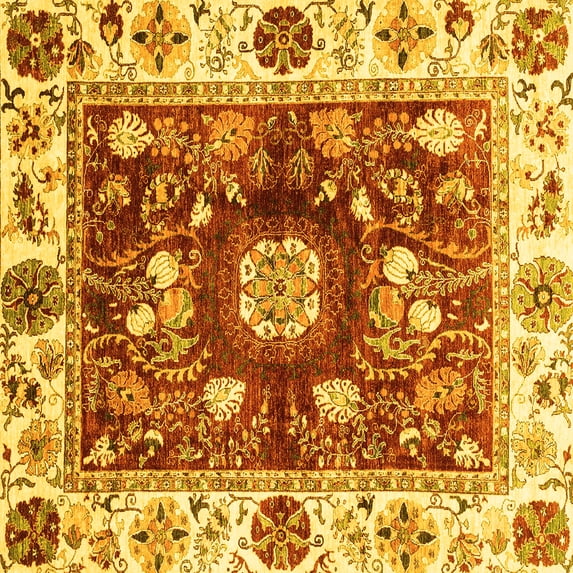 Ahgly Company Machine Washable Indoor Square Oriental Yellow Traditional Area Rugs, 8' Square