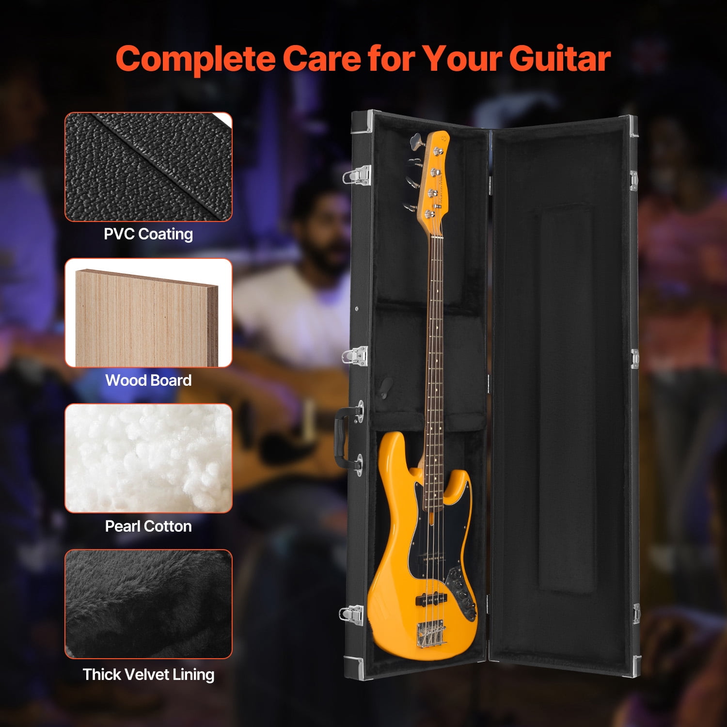 KFFKFF 48in Guitar Hard Case, Rectangular Design with Lock Latch Keys and Handle, PVC Padding and Soft Lining, Water-Resistant Hard Shell,  for 39-46.5 inches Bass Guitar