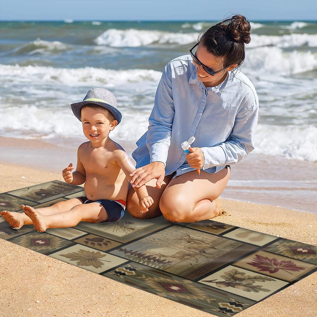 Retro Rustic Beach Towel, Moose Deer Bear Leaf Tree Country Style Farmhouse Microfiber Ultra Soft Quick Dry Highly Absorbent Bath Towels for Beach Party Outdoor Travel Swim Pool Yoga 33x52 Inch