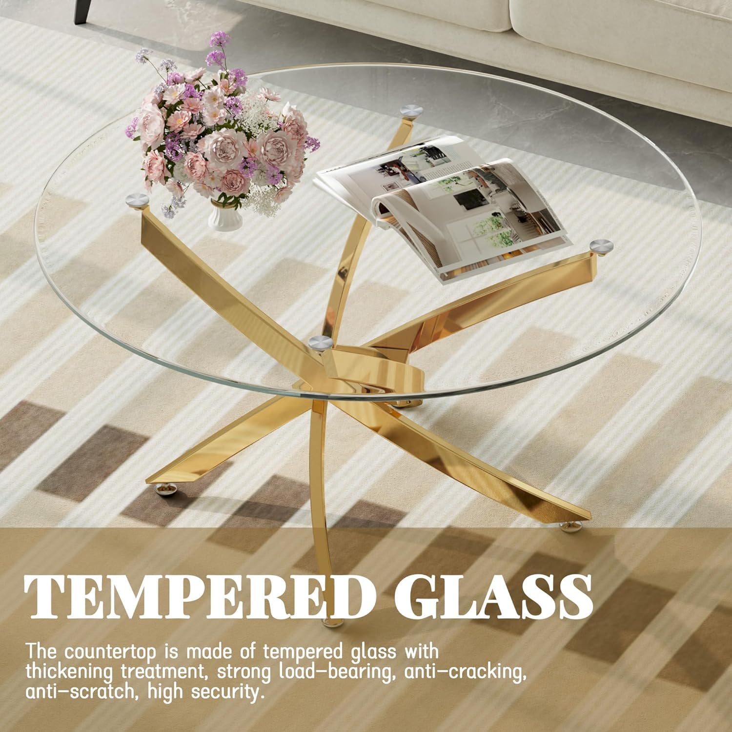 35" Round Glass Coffee Table, 0.39" Tempered Glass Top and Polished Stainless Steel Cross Legs, Modern Style for Living Room, Lounge