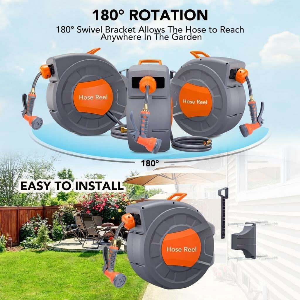 AIKKYS 100ft Retractable Garden Hose Reel with Auto Rewind,180° Swivel Bracket & 9-Pattern Nozzles,Any Length Lock Wall-Mounted Water Hose Reel