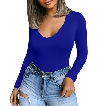 Womens Tops Clearance Under $5 Fashion Women Solid Color Basic Sexy Long Sleeve V-Neck Bodysuit Blouse Tops