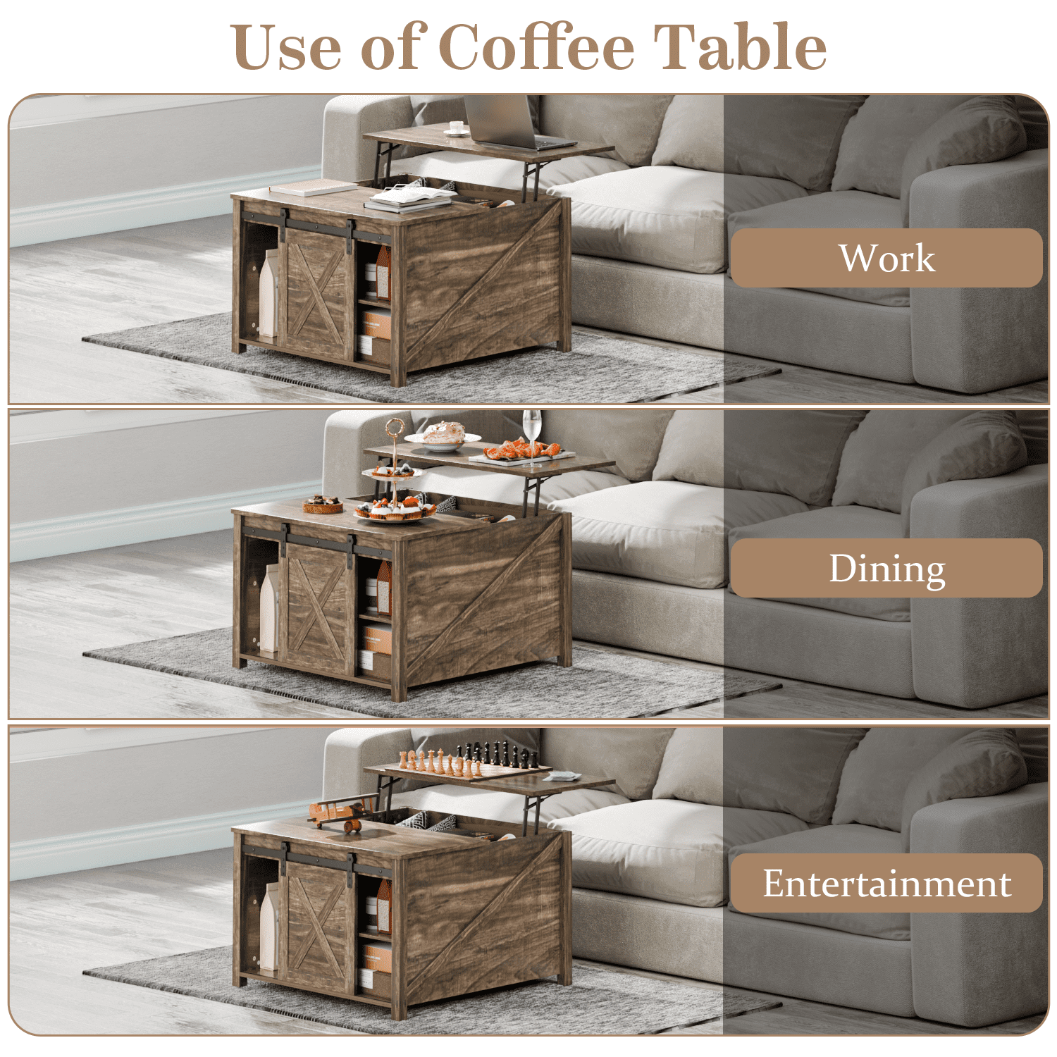 Waleaf Wooden Convertible Coffee Table, Lift Top Coffee Table with Large Hidden Storage Shelf for Living Room