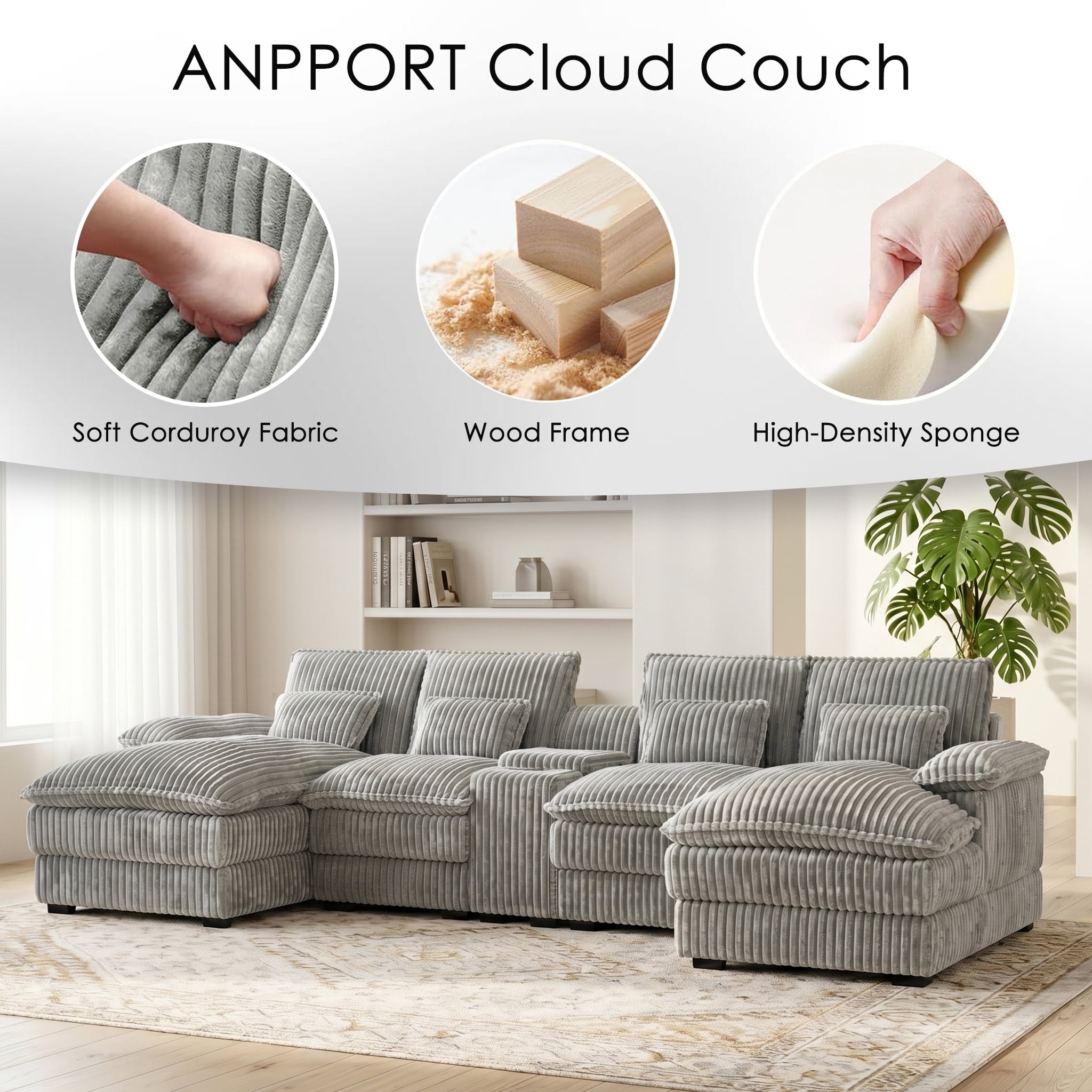 ANPPORT Luxury 124" U Shaped Cloud Modular Sectional Sofa, Corduroy Deep Seat Couch with Storage Console, USB Ports & Cup Holders for Living Room, Light Grey