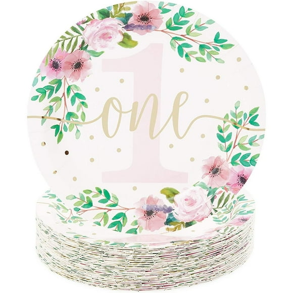 Lot de 48 Fournitures de Fête Florales, Assiettes Jetables en Papier au Motif de Fleurs à l'Aquarelle pour Fille 1er Premier Anniversaire, Décorations de Shower de Bébé, 9 Pouces
